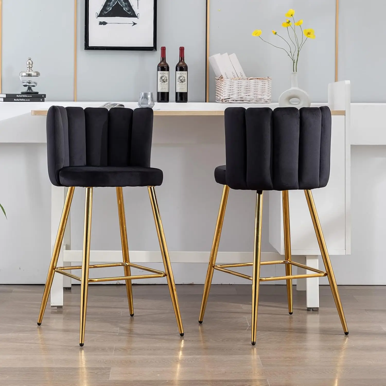 

30" Black Gold Bar Stools Set of 2, Velvet Upholstered Bar Stools with Comfy Back Modern Kitchen Island Stools with Gold Legs