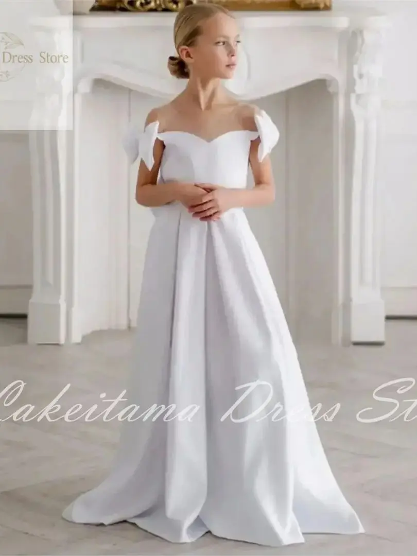 Weißes Satin Blumen mädchen Kleid für Hochzeit elegant ärmel los mit Bogen Prinzessin Geburtstag Bankett Erstkommunion Ballkleider