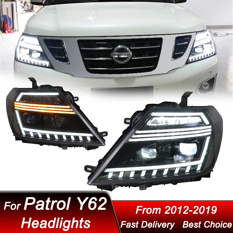 

Автомобильный Стайлинг фар для Nissan Patrol Y62 12-19, новый стиль, полностью светодиодные фары в сборе, обновленный комплект аксессуаров для линз проектора