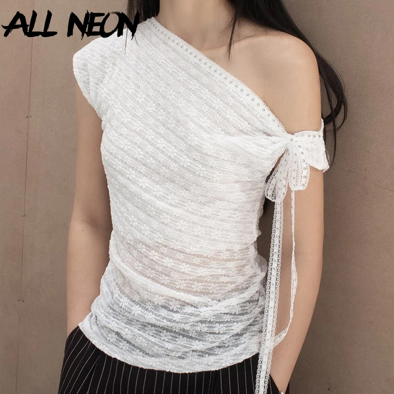

ALLNeon Cyber Y2K White Lace One Shoulder Sheer Tops Women Fashion Streetwear Gothic Slim T-shirts 90s Grunge Lace-up T-shirt