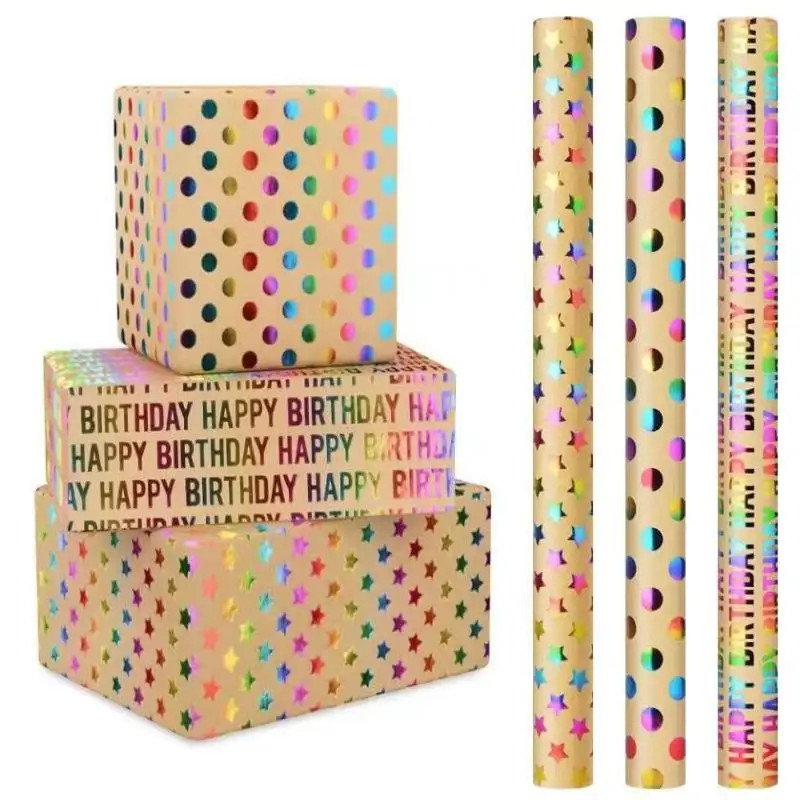 43x300cm Happy Birthday Valentine's Day Gift Wrapping Paper Retro Yellow Kraft Paper Colorful Bronzing Wrapping Paper