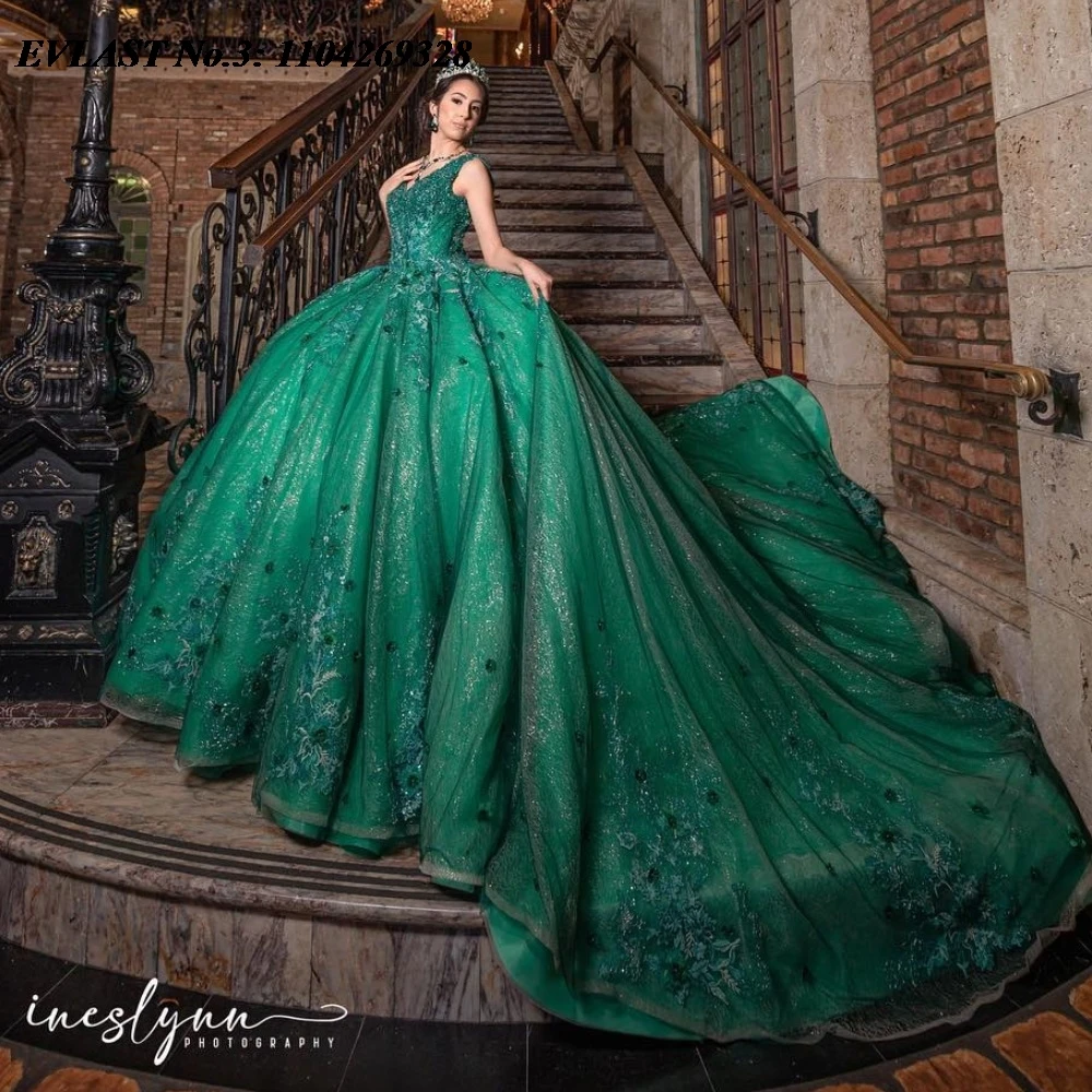 EVLAST Personalizzato Principessa Verde Scuro Abito Quinceanera Abito di Sfera Applique Floreale Che Borda Dolce 16 Vestido De 15 Anos E3Q291