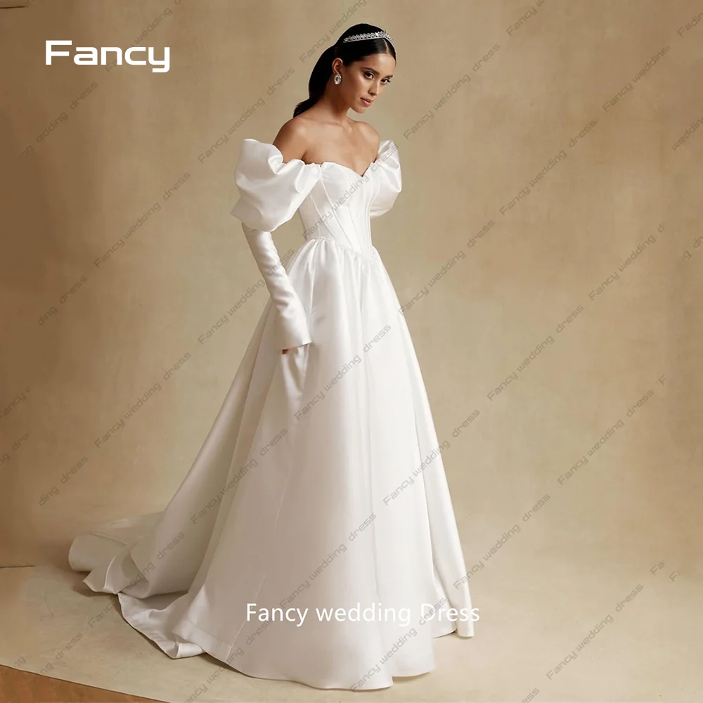 

Fancy Luxury Satin Ball Gown Wedding Dress Robe De Marriage Full Sleeves Pearls Off The Shoulder Sweetheart Bridal Skirts Gowns