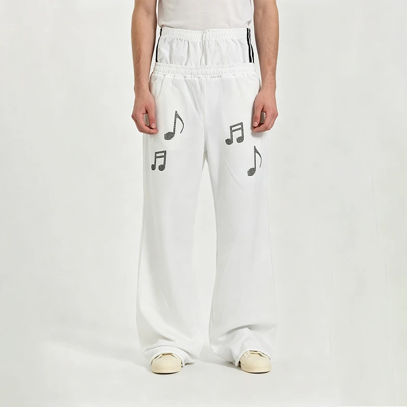 Women High‑Waist Wide Leg Sweatpants Y2K Music Note Hot Drill Rhinestone Decor Side Stripes Loose Casual Hip‑Hop Streetwear