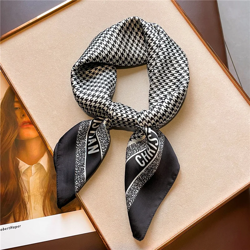 Houndstooth Letter Print Scarf Faux Silk Shawl Bandana Simple Chic Decorative Wrap Fashion Accessory For Women Square Scarves