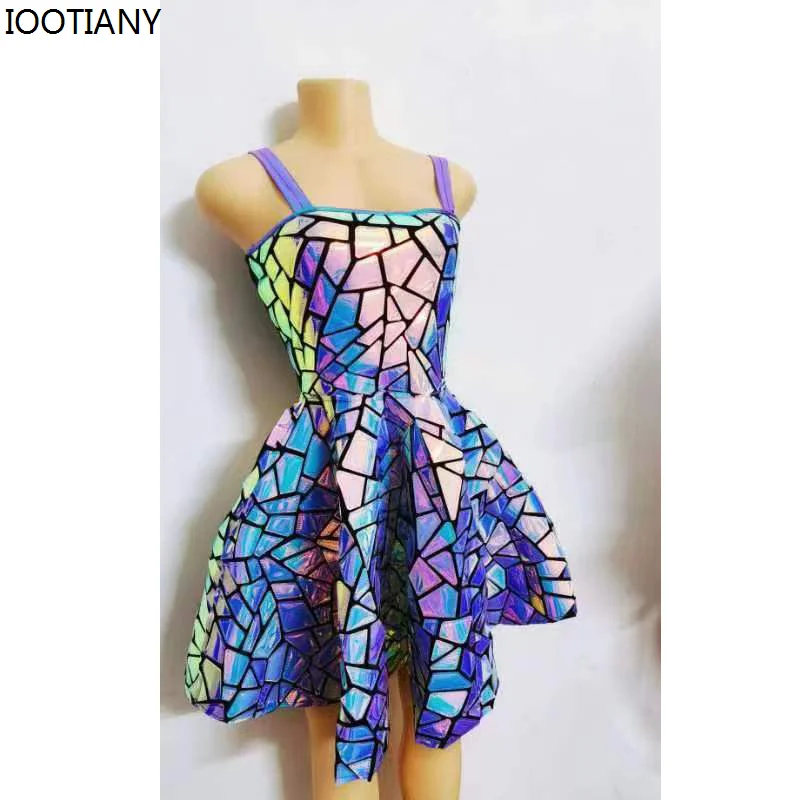 Purple Blue Mirror Shiny Suspender Dress Imitation Mirror Holographic Robot Festival Sequin Costume Dj Gogo Dancer Singer Outfit