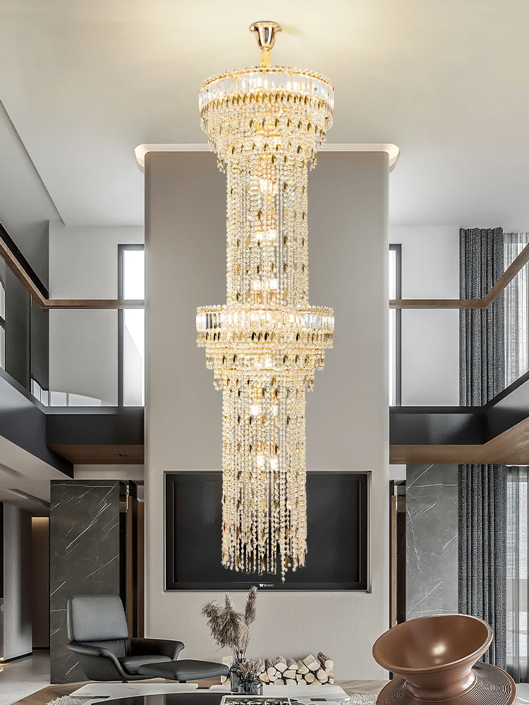 

Light Luxury Villa Hollow Spiral Staircase Crystal Long Chandelier European Style Duplex Hollow Living Room Restaurant New Lamps