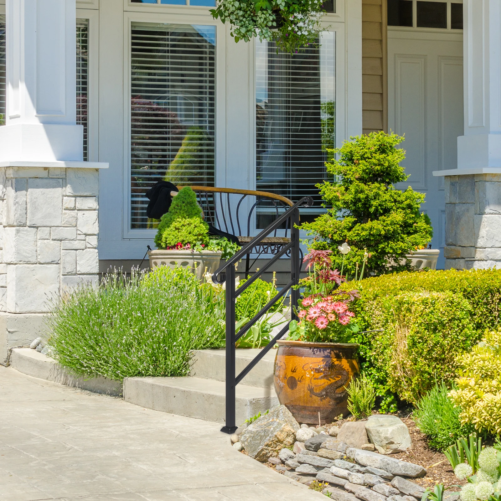

[Same code: 52168185 78675783] Matte black 1-3 steps, adjustable, curling handrails, courtyard stair handrails