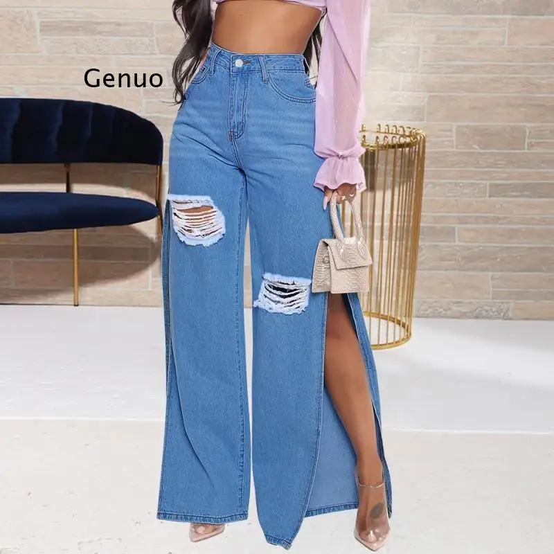 

Blue Sexy Hole Jeans Women Stretch Split Wide Leg Denim Flare Long Pants Spring Autumn New High Street 2021 Ladies Fashion Club