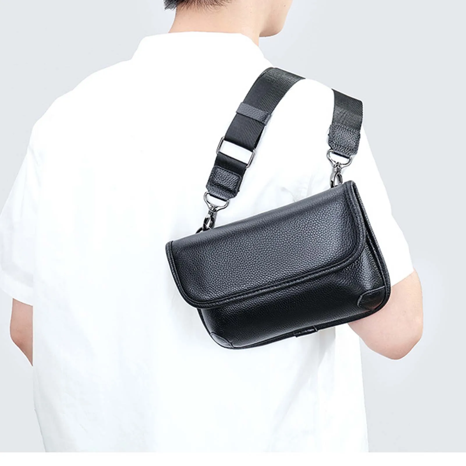 Men's Leather Zipper Snaps Messenger Bag Large Capacity Waterproof Small Bag For Running Walking