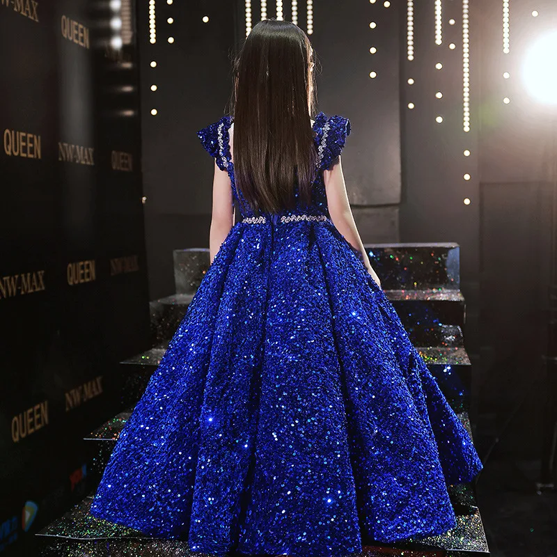 Vestido de baile de princesa con lentejuelas para niños, vestido de fiesta de boda azul real, disfraz de actuación de desfile de Carnaval, cumpleaños