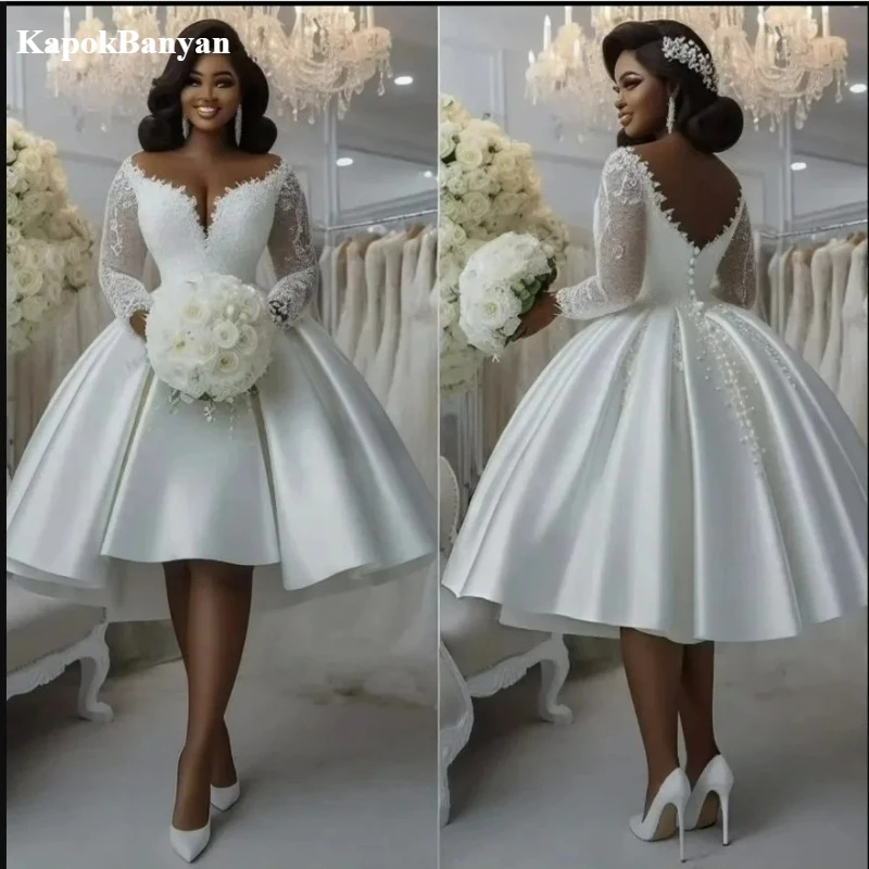 Customized Sheer Neck Lace Appliques Short Wedding Dress Vestidos De Novia Long Sleeves Knee Length Ball gown Bridal Gowns