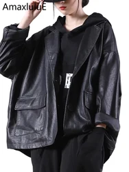 Amax luluE England Style Hooded Loose Black Leather Jacket 2021 Autumn New Women Casual Biker Coat Female Harajuku Pu Streetwear