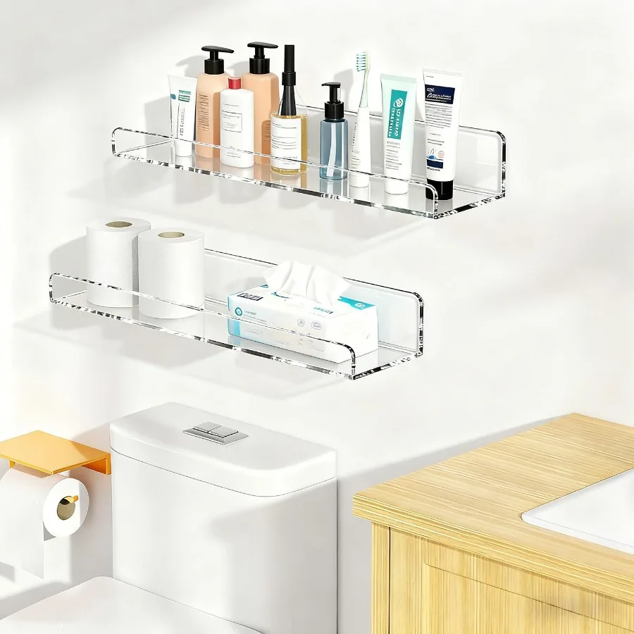 2/4pcs Acrylic Clear Floating Shelves Wall Storage Self-Adhesive Storage Rack Wall for Bathroom Bedroom Living Room Display Book
