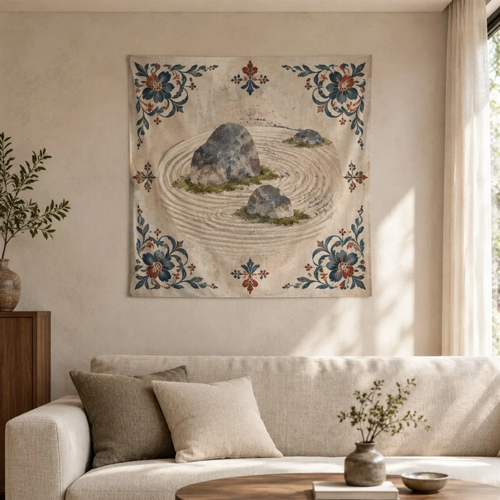 VIKAMA Sand and Stone Corner Motif Tapestry Wall Hanging, Wabi Sabi Wall Decor Tapestries for Bedroom Nursery Kids Room