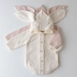 Baby Girls Ins Autumn Winter Romper Knitted Ear Single Breasted Newborn Girl Jumpsuit Solid Stretch Infant Boys Hoodie Bodysuits