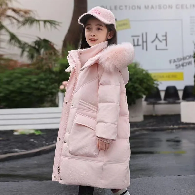 Winter Down Jackets Faux Fur Hooded Children Girls White Duck Down Jackets 2-12Yrs Teens Girls Thicken Outerwear Coat Snow Suits