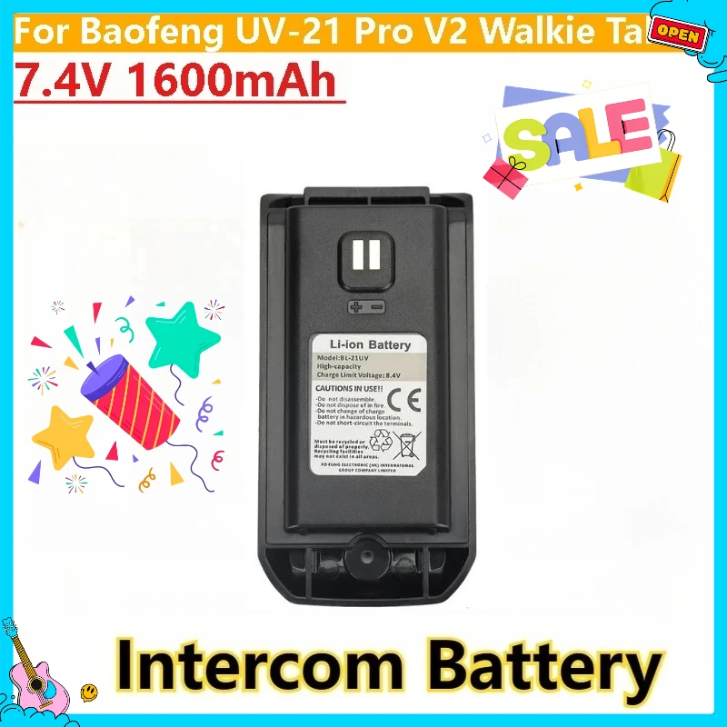 

For Baofeng UV-21 Pro V2 Li-ion Battery High Capacity 7.4V 1600mAh Type-C Charge UV21 Pro UV21 Walkie Talkie BL-21UV Battery