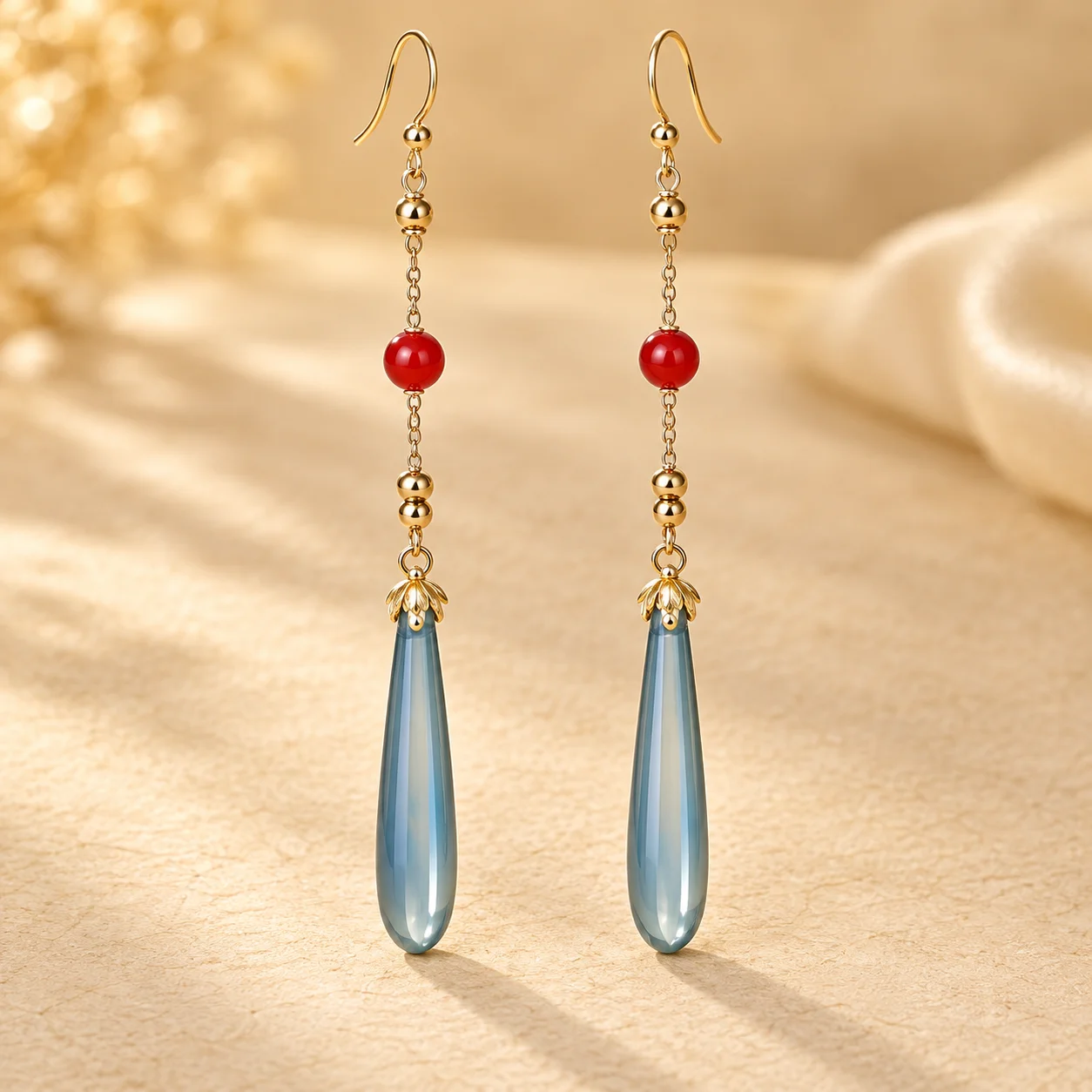 New Chinese Style Retro Red Agate Blue Chalcedony Long Dangle Earrings Elegant Chinese Earrings for Women Jewelry Gift