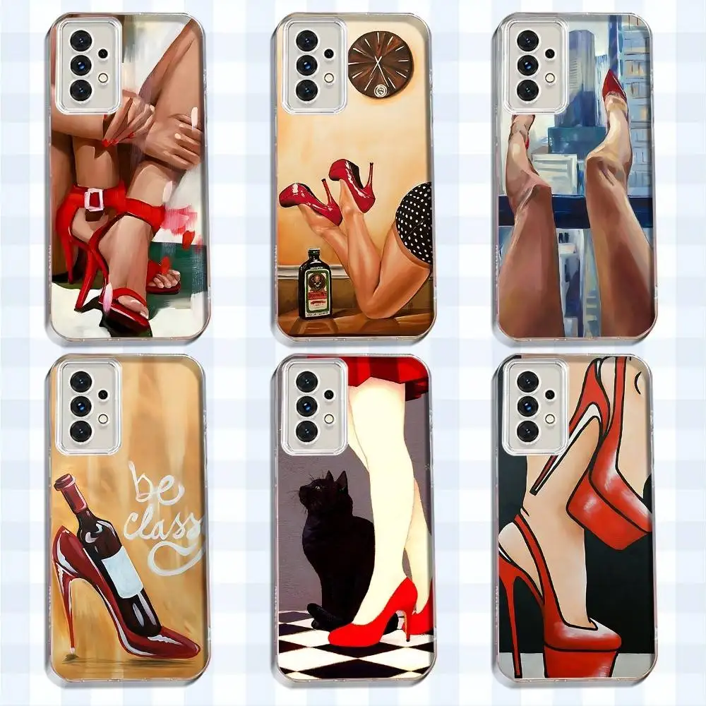 

Red High Heel Shoes Phone Case For Samsung S24,30,21,22,23,20 FE,lite,PIus,Ultra,5G,Note,9,10 Transparent Cover