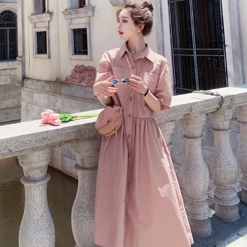 

Oversized Dress French Tea Break Style Waist Wrapped Shirt Dress Summer Fat mm Mid length Slim and Age Reducing Fairy Dress