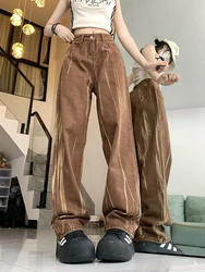 Zoki Tie Dye Retro Brown Jeans Women High Waist Streetwear Y2K Denim Pants American Loose Casual Lady Vintage Harajuku Trousers