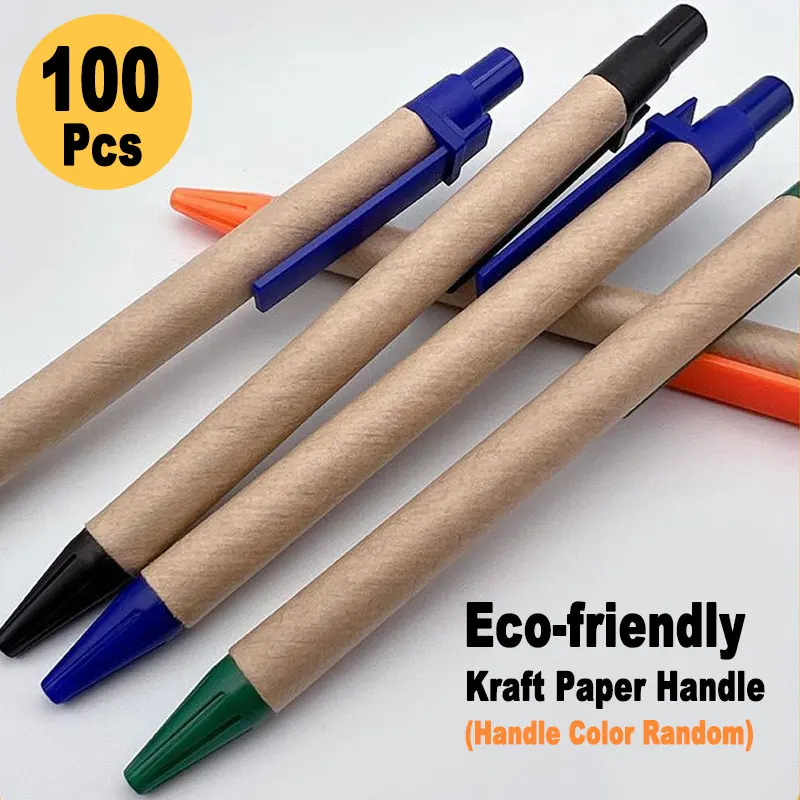 eco friendly papel kraft caneta esferografica 10 milimetros dica tinta azul preto escritorio escrita papelaria assinatura oil ball pen 100 pcs set 01