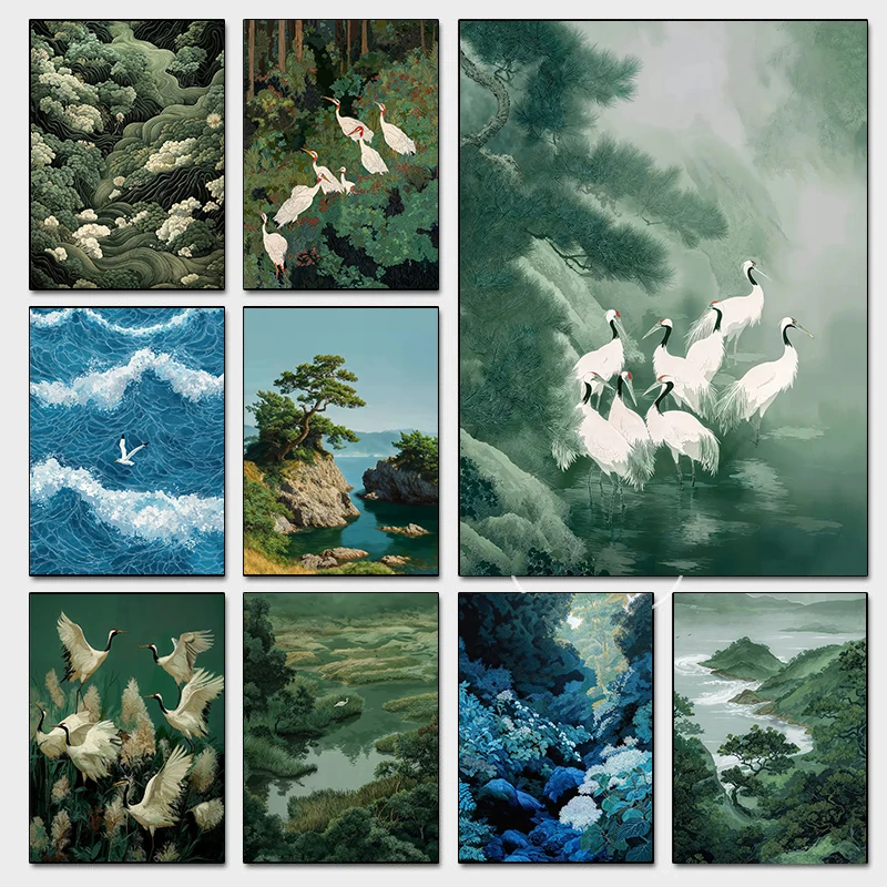 2026 Japanese Green Forest White Cranes Poster Chinoiserie Bird Modern Prints Canvas Painting Wall Art Picture Home Living Room 