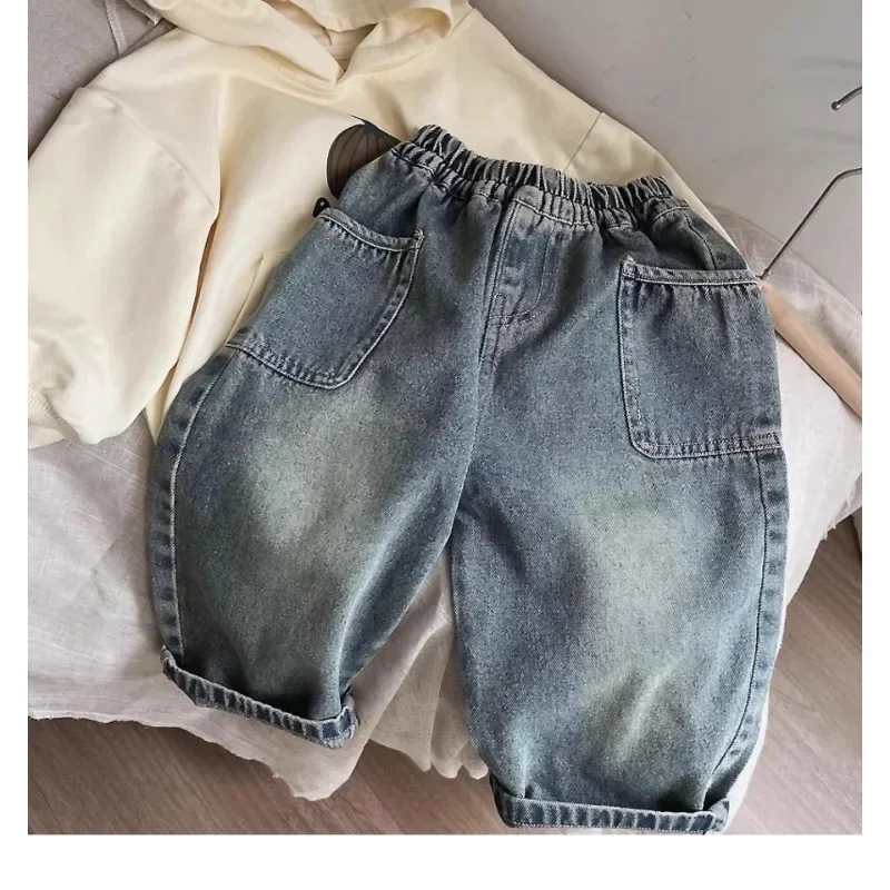 2024 New Casual and Comfortable Pants Little Kids with Stylish Side Pockets Ground White Boy Jeans MINISO Spring