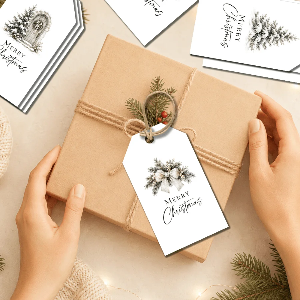 40pcs, Gift Tags, Minimal Pastel Watercolor Xmas, Hanging Paper Labels for Gift Wrapping, Holiday Party Decor with String