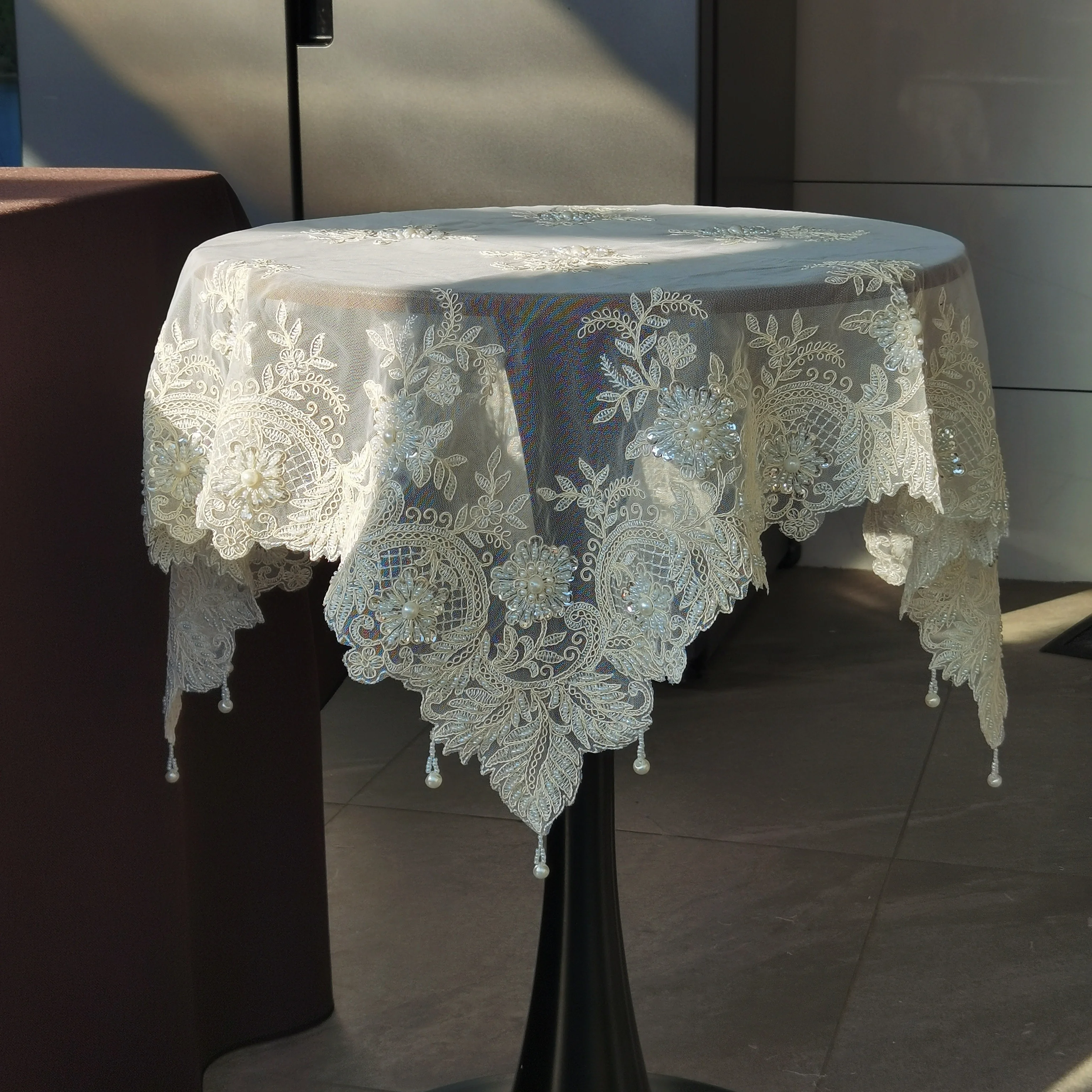 Beige Square Tablecloth Embroidered Bead Tablecover Small Round Table Towel  Dressing Table Covers Wedding Country Decoration