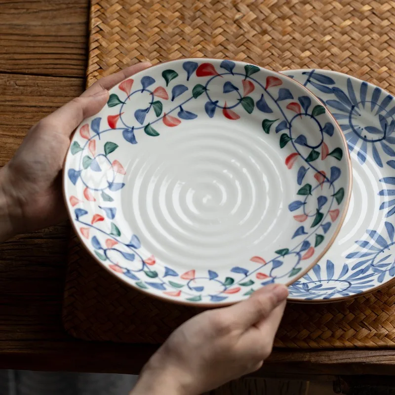 Japanese-Style Scroll & Grape Ceramic Dinner Plate, 8-inch Veggie Plate, Underglaze Stir-Fry Plate, Pasta Plate