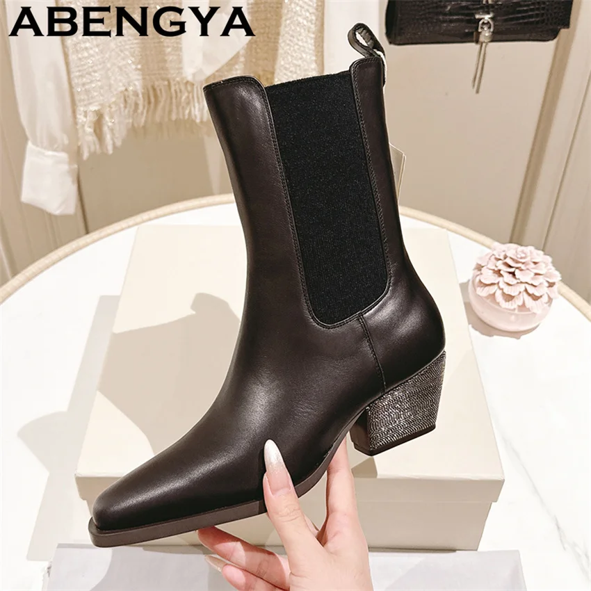 

Качественные женские ботинки челси на массивном каблуке из натуральной кожи, эластичные, без застежек, зимние модные мотоциклетные ботинки