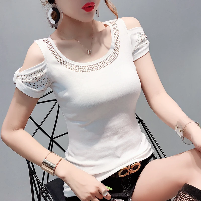 MadBlack Summer European Clothes Knit T-Shirt Sexy Glitter Luxury Rivets Women Slim Tops Short Sleeve Tees 2023 T33011X