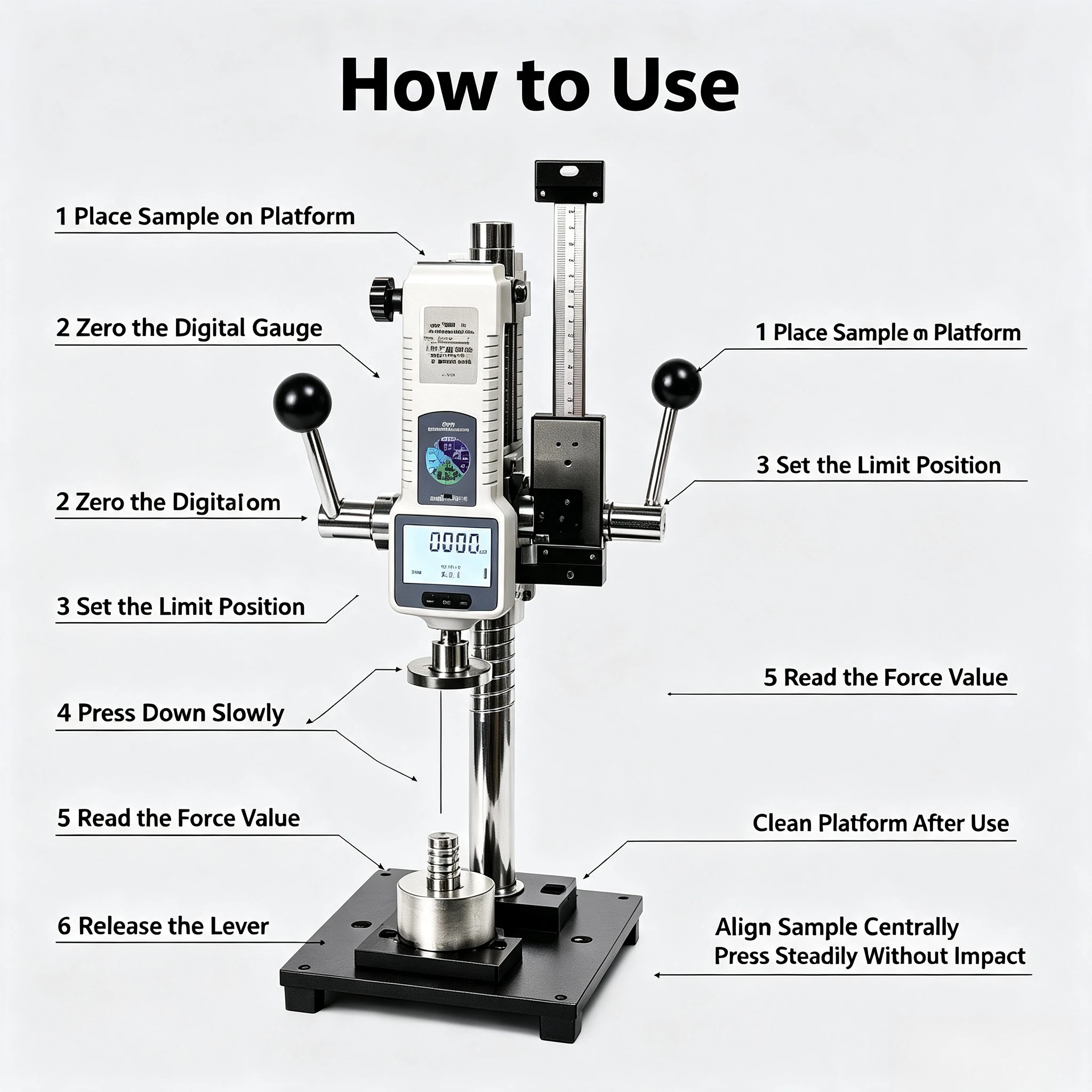 Manual Push-Pull Force Gauge Test Stand, 2000N Pressure Force