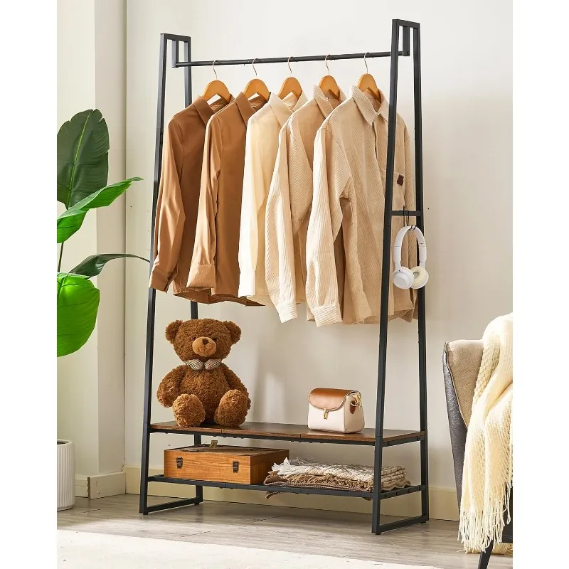 

Clothing Rack, Clothes Rack for Hanging Clothes, Garment Rack with 2 Shelves and 4 Hooks