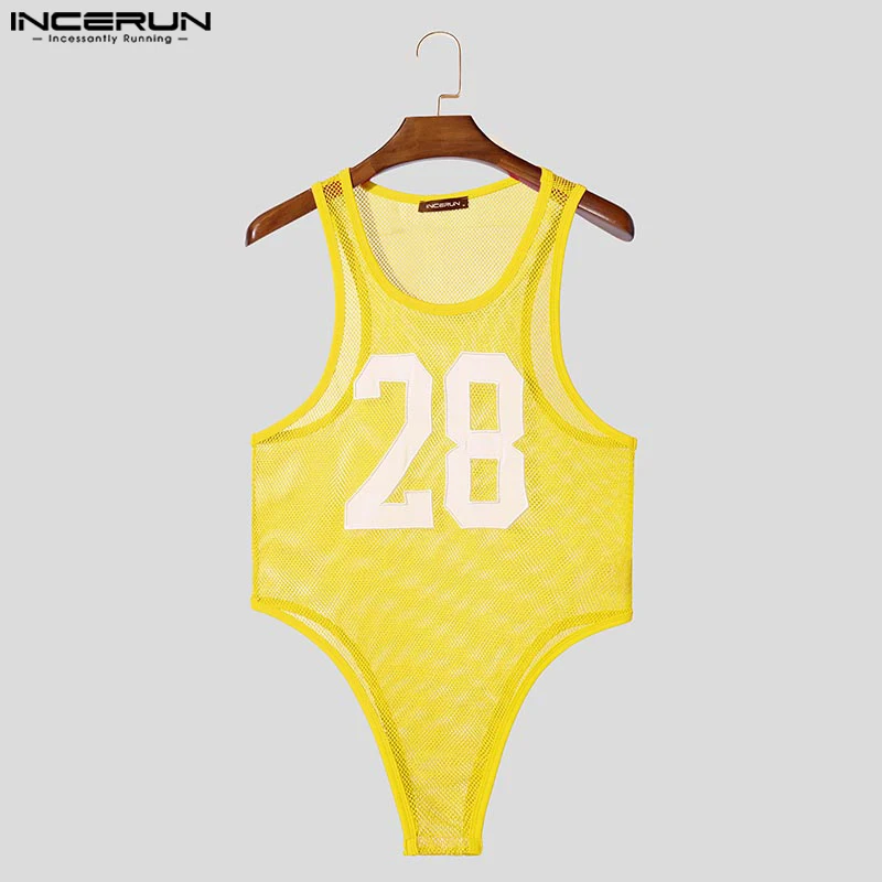 INCERUN 男性ボディスーツメッシュ透明パッチワーク O ネックノースリーブ男性タンクトップボディスーツ夏セクシーな 2025 ロンパースストリート