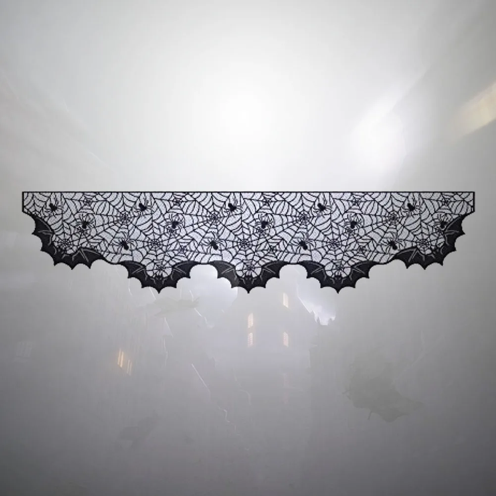 

Halloween Fireplace Scarf Black Lace Spiderweb Bat Design Table Runner Mantle Decor Decoration Year Round Use Durability