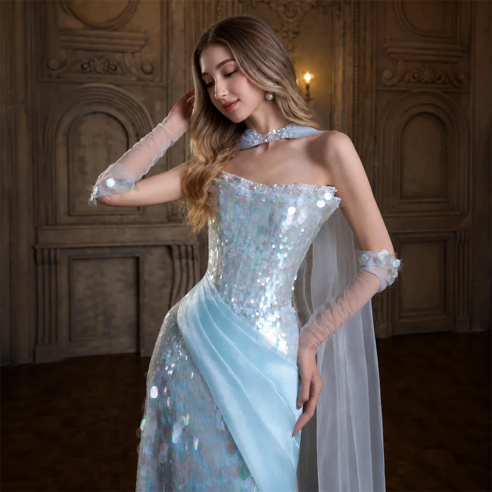 Blue Formal Evening Dress Strapless Long Prom Gown for Birthday Graduation Debutante Wedding Banquet Party Bridesmaid Dresses - view 2