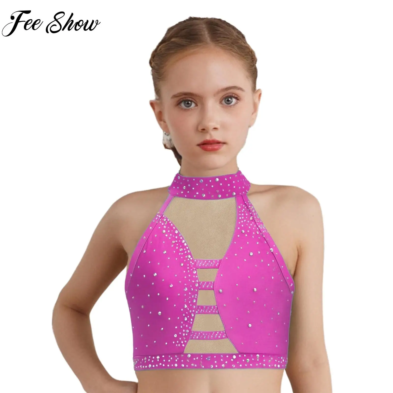 

Балетные топы для девочек: детский костюм для гимнастики, латиноамериканских танцев, джаза, самбы, выступлений, топ-халтер без рукавов с сеткой и стразами