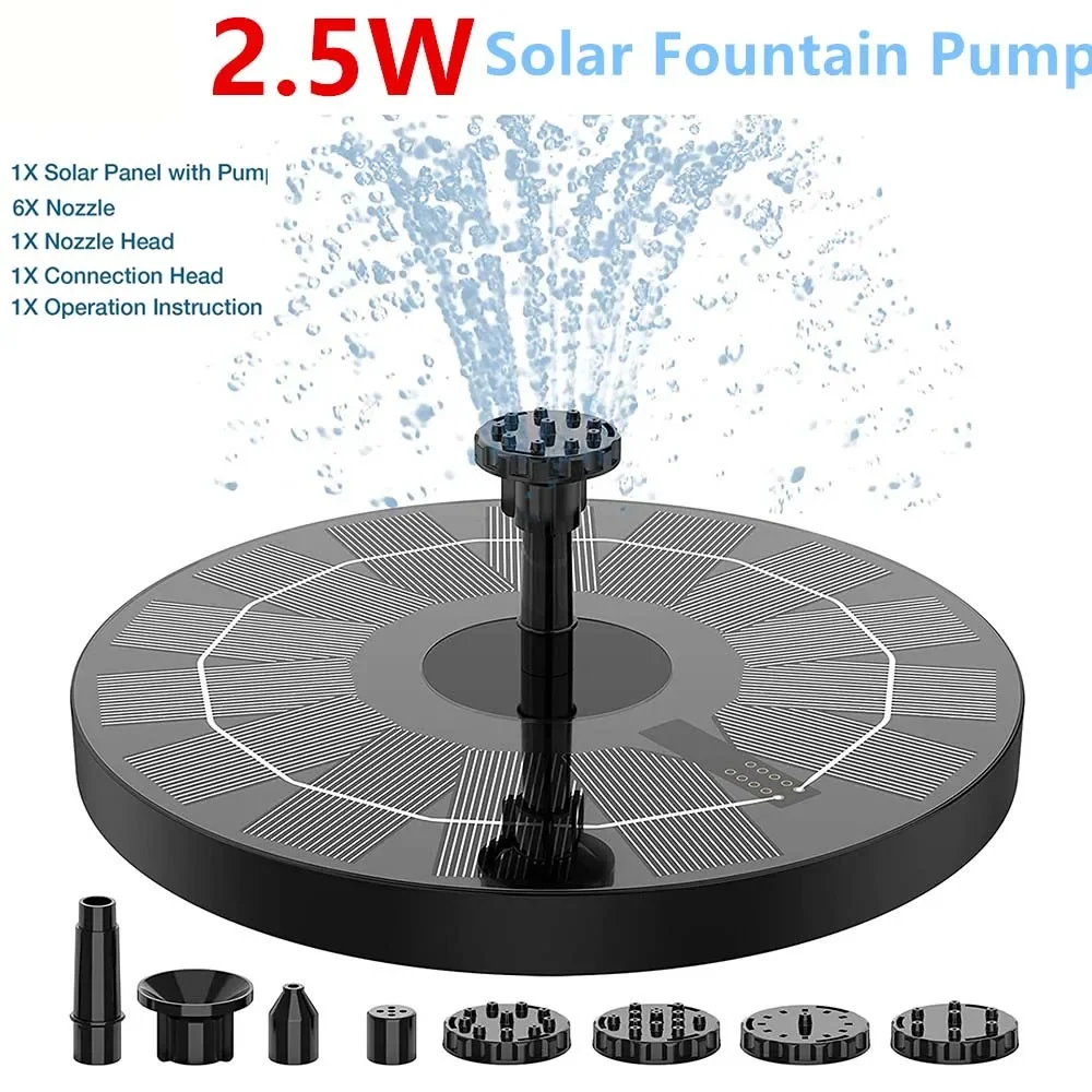 2.5W Solar Bird Bath Fountain, Solar Fountain Pump for Bird Bath with 6 Nozzles, Solar Powered Water Fountain for Garde