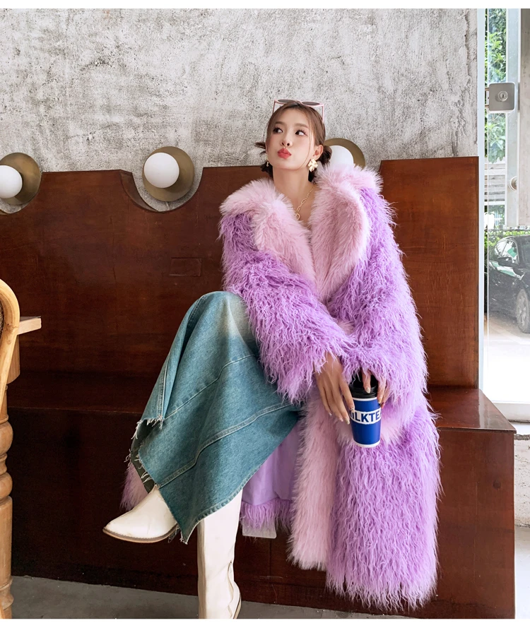 Original Design Purple Patchwork Pink Faux Fur Coat Female Long Lapel Jacket Lady Shaggy Outerwear Women Winter Coats Promotion