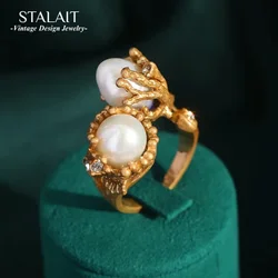 Retro Naturalist 18K Gold-Plated Pearl & Rhinestone Adjustable Cocktail Ring for Women - Luxury Evening Wedding Gift