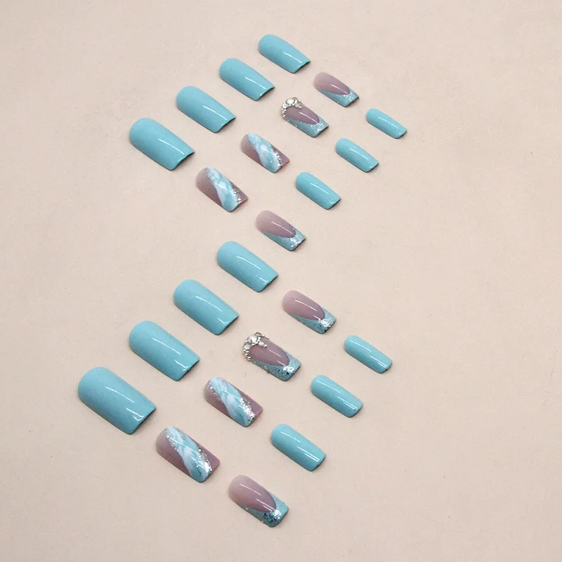 24pcs Mid length False Nails Blue Glitter Diamond French Ballet nails Press on Nails Fake Nails DIY Manicure Detachable Nail Tip