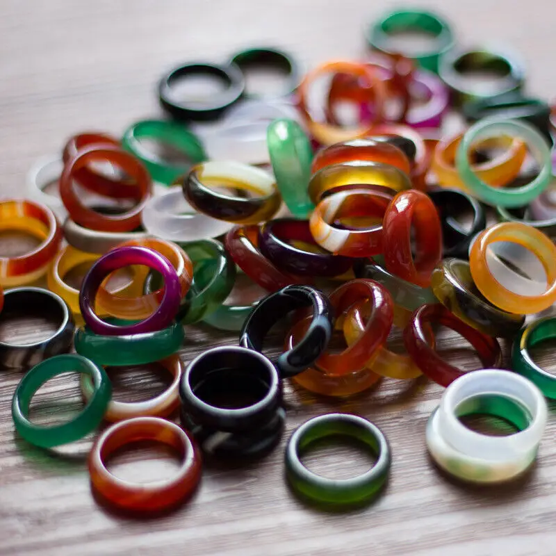 

100/50pcs Wholesale Natural Agate Ring Jewelry Gemstone Colorful Band Rings Lots