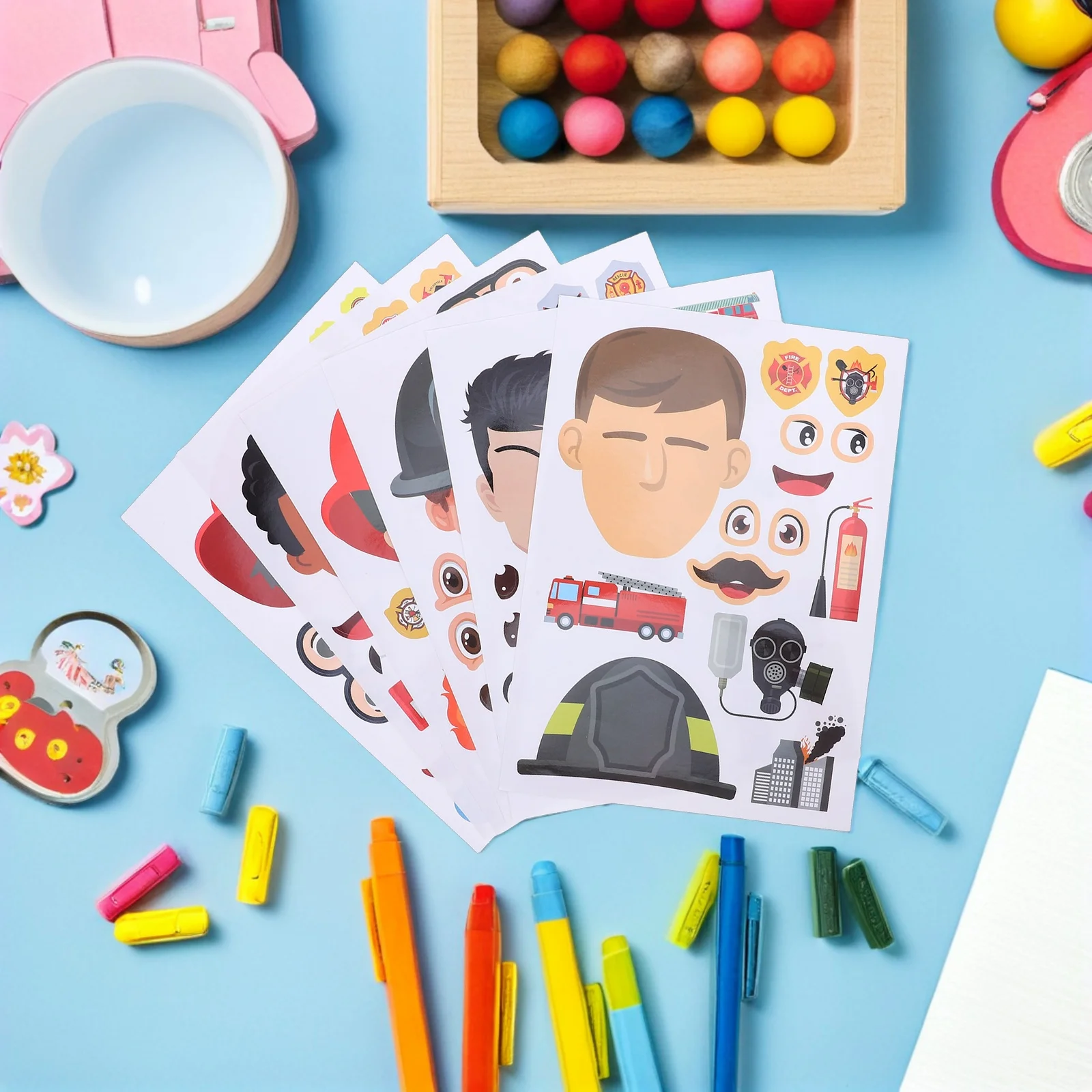 

12 Sheets Firefighter Stickers Fireman Make A Face for Birthday Party School Reward DIY Fireman Party Supplies