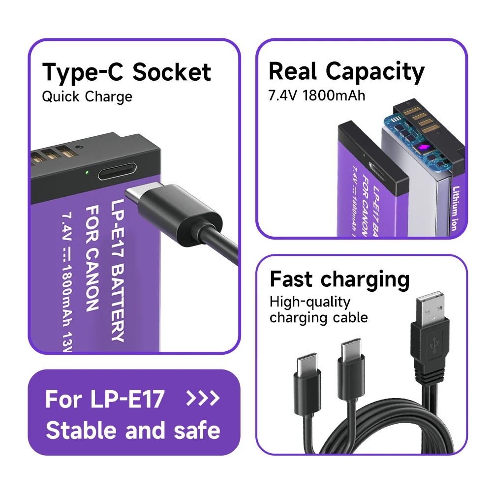 LP-E17 LPE17 Battery with Type-C Port for Canon EOS R8 RP R50 200D M6 II M5 M3 77D T6i 750D T6s T8i T7i T6i 800D LP E17 Camera