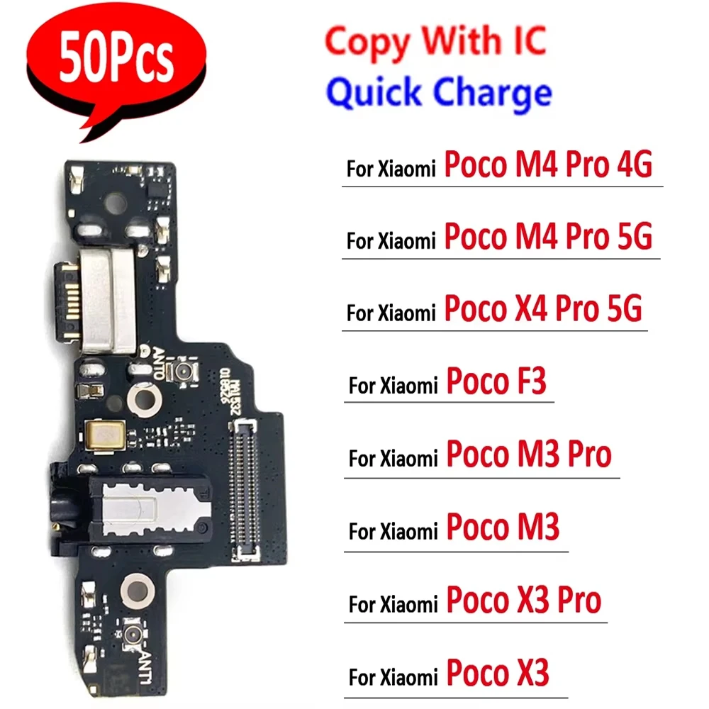 50Pcs，USB Charging Port Board Flex Cable Connector Parts For Xiaomi Poco M3 X3 X2 F3 M4 X4 X7 Pro 4G F4 5G C40  C71