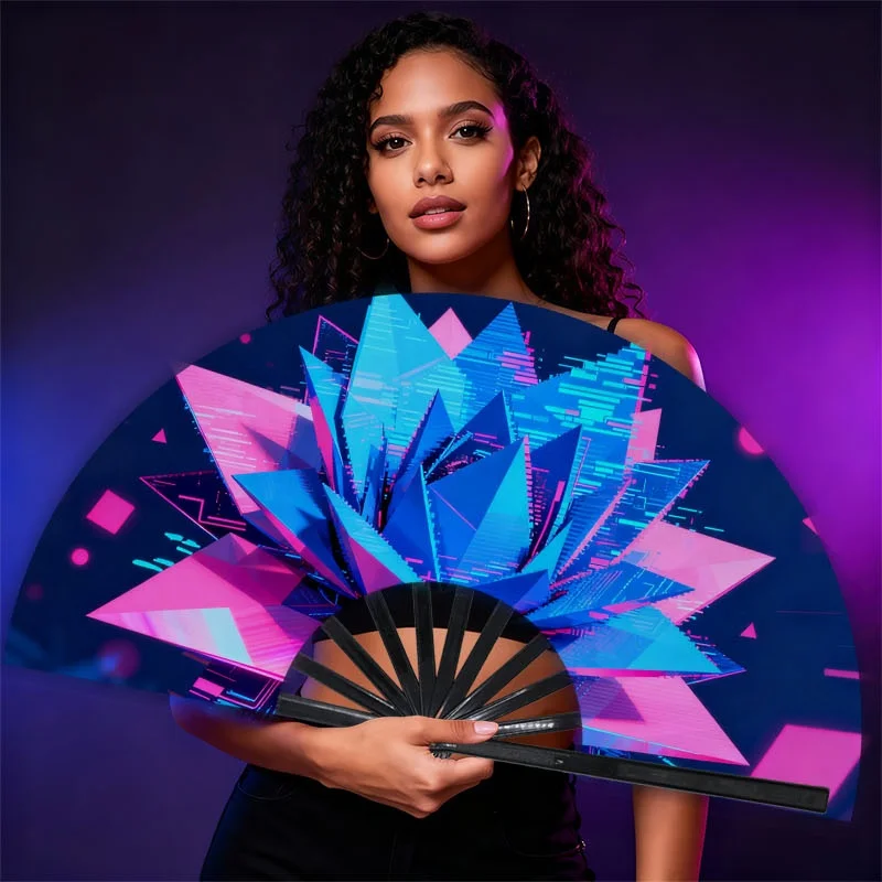 1pc of a Handheld Fan for Men, Featuring a 3D Geometric Design in Blue And Pink, Made From.This Foldable Shiny Fan Embodies a Futuristic Cyberpunk Style, Perfect for Stage Performances, Parties, Cosplay Events, Clubs, Without Battery