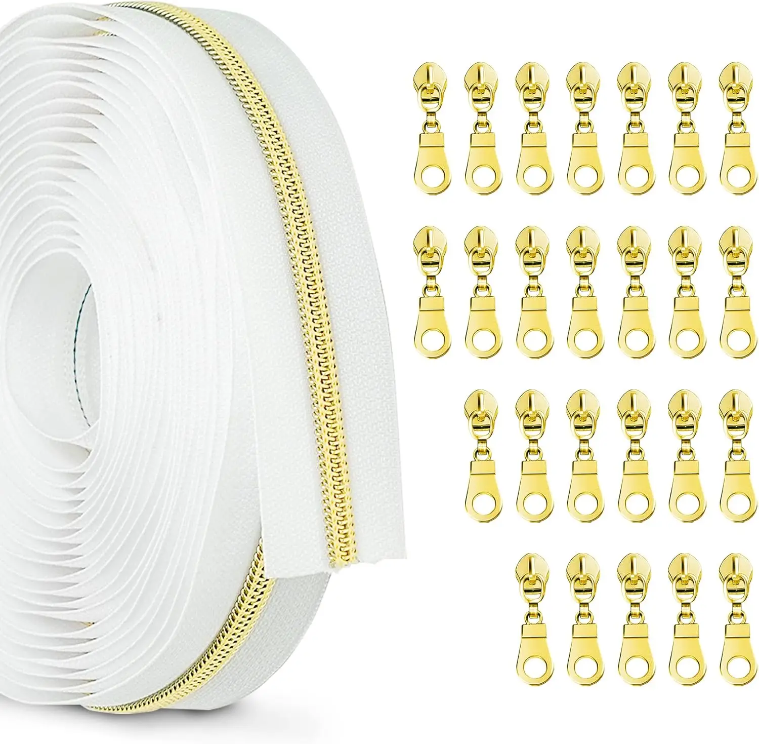 Gold Metallic Nylon Coil Zippers by The Yard Bulk White Tape 10 Yards with 25pcs Gold Pulls for DIY Sewing Tailor Craft Bag Bulk